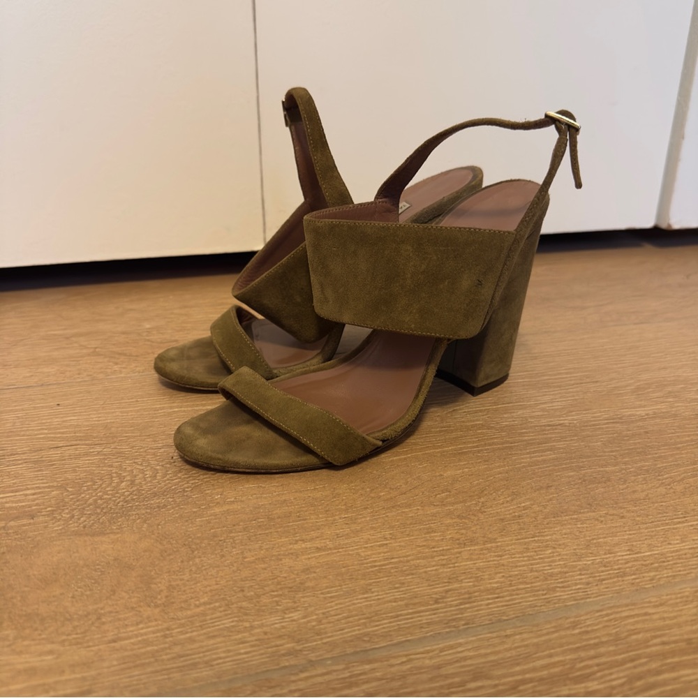 Olive Suede Block Heel Slingback Sandals - Women